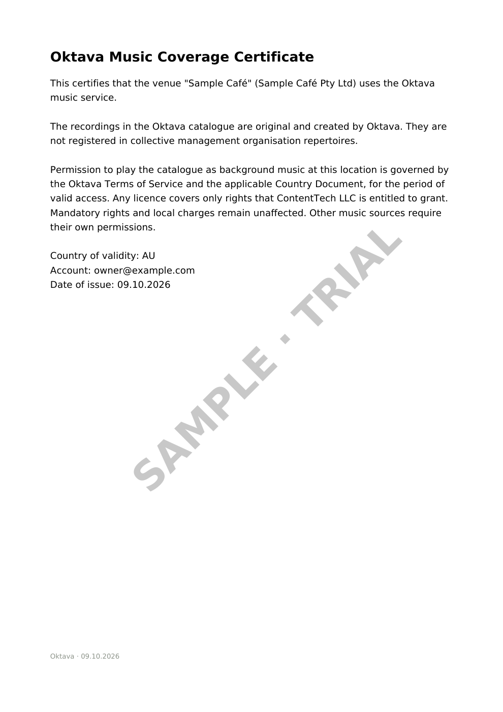 Sample of the Oktava music coverage certificate (watermarked preview)